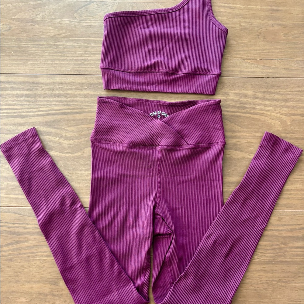 Year of Ours Ribbed One-Shoulder Set in Burgundy. XS top/S bottom